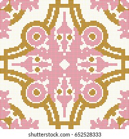 Halftone colorful seamless retro pattern pink gold round curve cross kaleidoscope