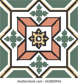 Halftone colorful seamless retro pattern cross square green orange flower