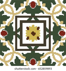 Halftone colorful seamless retro pattern green vine leaf red flower cross
