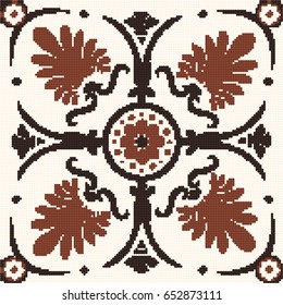 Halftone colorful seamless retro pattern brown round flower fan shape cross leaf