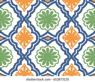 Halftone colorful seamless retro pattern orange green flower curve cross frame