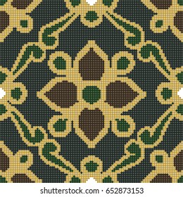 Halftone colorful seamless retro pattern green golden outline flower leaf cross