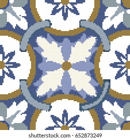 Halftone colorful seamless retro pattern vintage blue flower round cross chain
