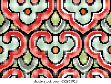 Halftone colorful seamless retro pattern oriental Chinese curve spiral cross scale chintz