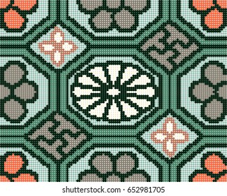 Halftone colorful seamless retro pattern green oriental octagon check cross frame flower