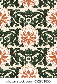 Halftone colorful seamless retro pattern botanic garden nature green leaf vine orange flower chintz
