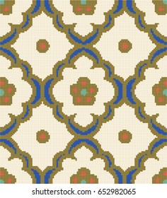 Halftone colorful seamless retro pattern curve check cross blue frame round flower