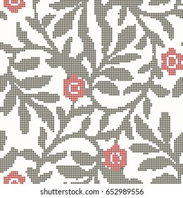 Halftone colorful seamless retro pattern garden green spiral leaf red flower