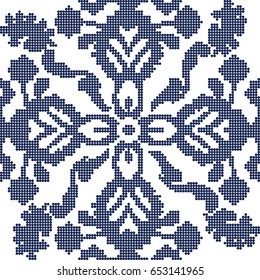 Halftone colorful seamless retro pattern navy blue cross flower kaleidoscope