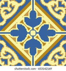 Halftone colorful seamless retro pattern golden yellow line blue cross flower