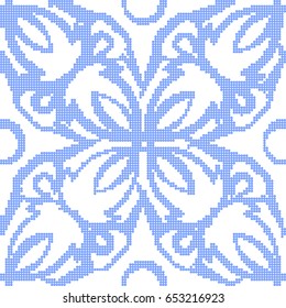 Halftone colorful seamless retro pattern elegant blue round curve cross flower vine