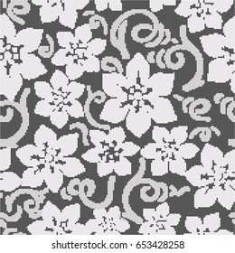 Halftone colorful seamless retro pattern garden vintage white flower spiral curve stem