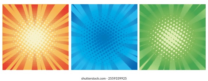 Halftone colorful sun rays background. Pop art comic dots pattern set vector illustration