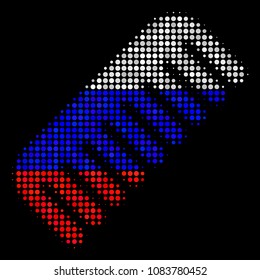 Halftone Comb pictogram colored in Russian official flag colors on a dark background. Vector mosaic of comb icon done from circle dots. Designed for political and Russian patriotic agitprop.