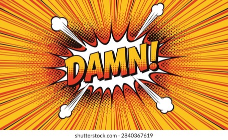 Halftone comic book style explosion graphic with a retro speech bubble containing the exclamation text damn and dots.