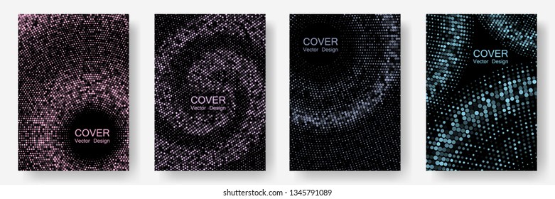 Halftone comic covers set vector graphic design. Retro cover pages. Comic style background with halftone dots, faded circles. Music flyer frame templates. Modern creative background.