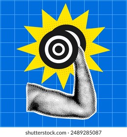 Halftone comic dotted collage with a man's hand showing strength, muscles, holding dumbbells. Pattern in retro style, groove, pop art on a blue background. Vector illustration EPS10