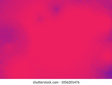 Halftone comic style pop art dots over pink background. Monochrome grain effect card layout template. Vector illustration