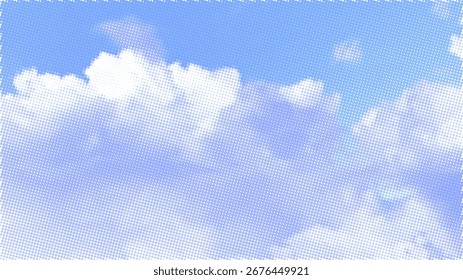 Halftone comic style sky with white clouds and blue background. Retro pop art dotted pattern. Abstract vintage texture for poster, flyer and graphic design projects. Vector