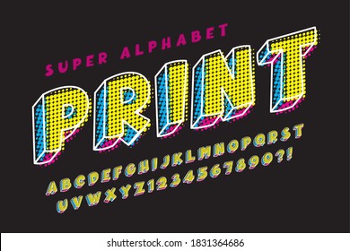 Halftone comical original alphabet design, colorful, typeface. Vector illustration, decorative typeset. 13 degree skew