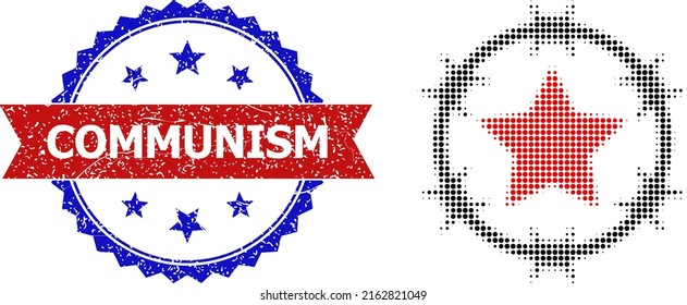 Icono de campo de comunismo de semitono y sello de comunismo de caucho bicolor. El icono del campamento de comunismo de semitono se genera con pequeños objetos redondos. Sello vectorial con un estilo bicoloroso impuro,