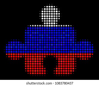 Halftone Component icon colored in Russia official flag colors on a dark background. Vector collage of component icon designed of circle dots. Designed for political and Russian patriotic purposes.