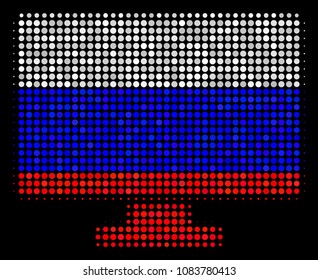 Halftone Computer Display pictogram colored in Russia state flag colors on a dark background. Vector concept of computer display icon made of circle spots.