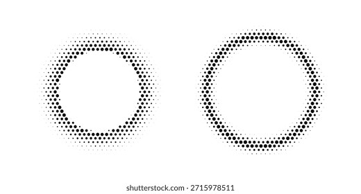 Fondo de círculo concéntrico de semitono. Gradiente circular punteado en blanco y negro. Textura cómica de desvanecimiento radial. Grunge áspero fondo de arte pop redondo. Concepto de Fondo de pantalla de epicentro de línea de puntos de Vector

