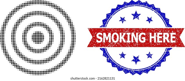 Halftone Concentric Circles Icon, And Bicolor Dirty Smoking Here Seal. Halftone Concentric Circles Icon Is Made With Small Circle Items. Vector Seal With Unclean Bicolored Style,