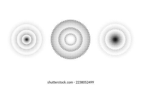 Se establecen círculos concéntricos de semitono. Colección de anillos de textura cómica. Colección de degradado de puntos redondeados. Elementos de diseño radial. Epicentro, objetivo, concepto de radar. Antecedentes abstractos