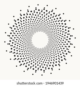 Halftone concentric spiral background. Dots abstract circle vector. Segmented circle with rotation. Spiral, swirl, twirl vector design element for various purposes. 