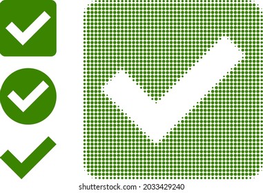 Halftone confirm checkbox. Dotted confirm checkbox designed with small circle items. Vector illustration of confirm checkbox icon on a white background. Halftone pattern contains circle pixels.