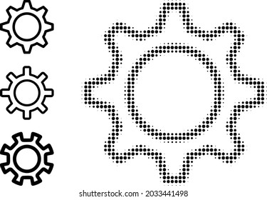 Halftone contour gear. Dotted contour gear constructed with small circle elements. Vector illustration of contour gear icon on a white background. Halftone array contains circle elements.