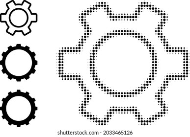 Halftone contour gear. Dotted contour gear constructed with small round pixels. Vector illustration of contour gear icon on a white background. Halftone array contains round elements.
