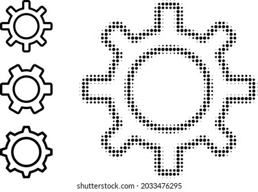 Equipo de contorno de semitono. Equipo de contorno punteado hecho con pequeños puntos esféricos. Ilustración vectorial del icono del engranaje de contorno sobre un fondo blanco. La matriz de semitono contiene puntos redondos.