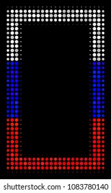 Halftone Contour Rectangle icon colored in Russian state flag colors on a dark background. Vector pattern of contour rectangle icon created from circle items.