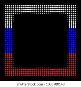 Halftone Contour Square pictogram colored in Russia official flag colors on a dark background. Vector composition of contour square icon organized of circle pixels.