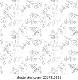 Half-tone contours of curved branches swirled in an endless seamless pattern. Black outline on transparent. Three-dimensional contours through the shadow. Vector.
