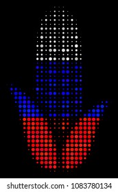 Halftone Corn icon colored in Russian state flag colors on a dark background. Vector collage of corn icon formed with circle spots. Designed for political and Russian patriotic posters.