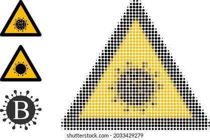 Halftone coronavirus warning. Dotted coronavirus warning generated with small circle pixels. Vector illustration of coronavirus warning icon on a white background.