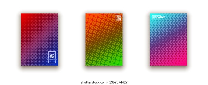 Halftone cover page layouts design. Flat geometric backgrounds. Party posters set with radial halftone dots gradient texture. Music flyer frame templates. Retro cover pages.