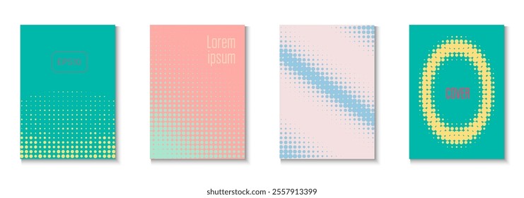 Halftone Cover Set. Color Art With Memphis Elements. Linear Frame With Geometric Design. Book Flyer. Minimalist Wave Texture. Geometric Business Poster. Trendy Halftone Cover