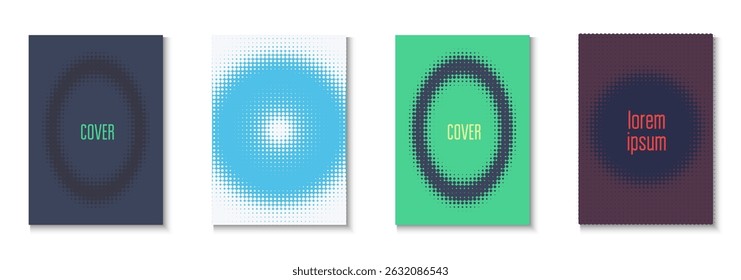 Halftone Cover Set. Color Circles On Memphis Layout. Flat Invitation With Geometric Frame. Book Flyer. Minimalist Wave Poster. Geometric Music Texture. Trendy Halftone Cover