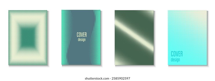 Halftone Cover Set. Cool Circles In Minimal Layout. Linear Shapes In Annual Frame. Book Flyer. Minimalist Dot Template. Geometric Line Background. Trendy Halftone Cover