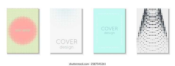 Halftone Cover Set. Cool Circles In Minimal Layout. Linear Shapes For Brand Folder. Graphic Flyer. Minimalist Book Texture. Geometric Wave Template. Trendy Halftone Cover