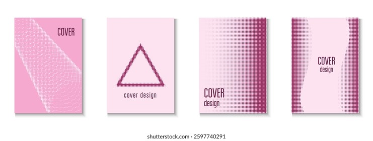 Halftone Cover Set. Cool Circles In Minimal Layout. Linear Shapes In Annual Frame. Wave Flyer. Minimalist Line Pattern. Geometric Book Template. Trendy Halftone Cover