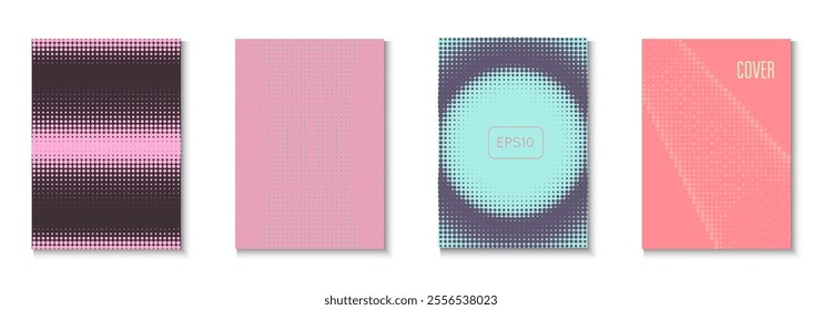 Halftone Cover Set. Cool Memphis Art With Circles. Minimalistic Brochure In 2d Frame. Music Flyer. Minimalist Graphic Background. Geometric Abstract Pattern. Trendy Halftone Cover