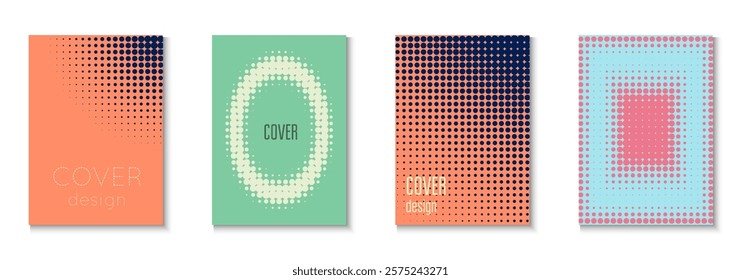 Halftone Cover Set. Cool Memphis Art With Circles. Young Hipster Design On Annual Page. Dot Flyer. Minimalist Music Background. Geometric Wave Poster. Trendy Halftone Cover