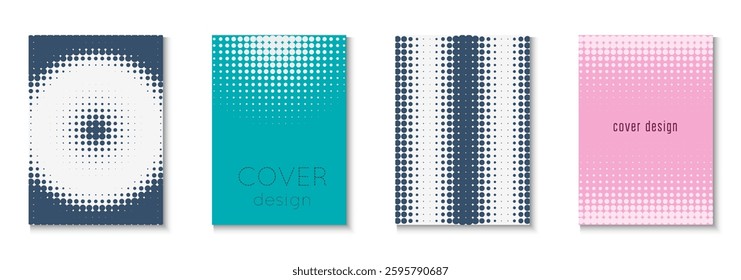 Halftone Cover Set. Cool Memphis Art With Circles. Dynamic Elements In 2d Presentation. Dot Flyer. Minimalist Music Texture. Geometric Line Template. Trendy Halftone Cover