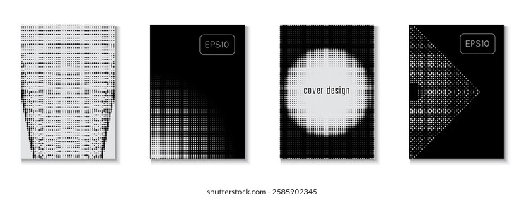 Halftone Cover Set. Dots Poster. Black 1980 Texture. Business Black And White  Flyer. Future Concept In Minimal Layout. Dynamic Design For Hipster Folder. White Halftone Cover